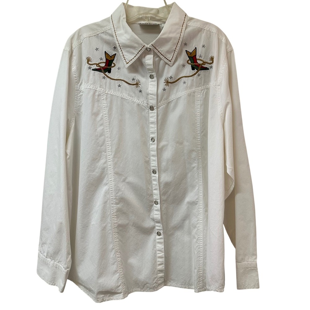 Bill Blass Jeans White Western Shirt Embroidered Cowboy Boots Stars 1X Cotton